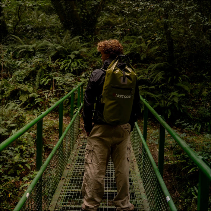 Northcore 30L Waterproof Haul Backpack in Olive Green, back panel detail