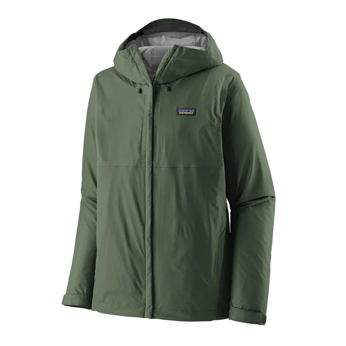 Patagonia Torrentshell 3L Rain Jacket in Canopy Green, front view with hood