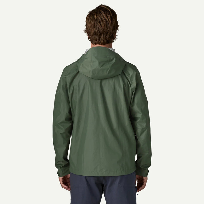 Patagonia Torrentshell 3L Rain Jacket in Canopy Green, back view on model