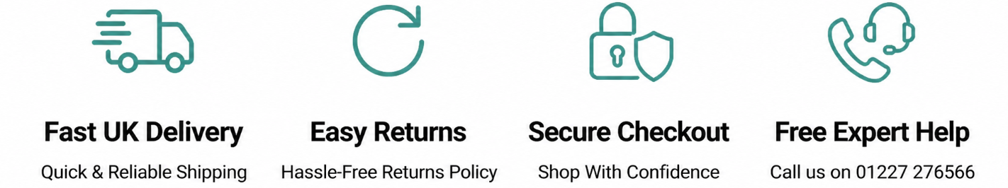 A  board-worx promotional banner with four teal icons and text on a white background: a delivery truck for Fast UK Delivery, a circular arrow for Easy Returns, a lock and shield for Secure Checkout, and a telephone for Free Expert Help.