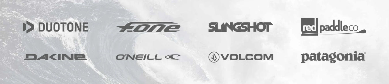 Duotone, F-One, Slingshot, Red Paddle Co, Dakine, O'Neill, Volcom, Patagonia brand logos on wave background