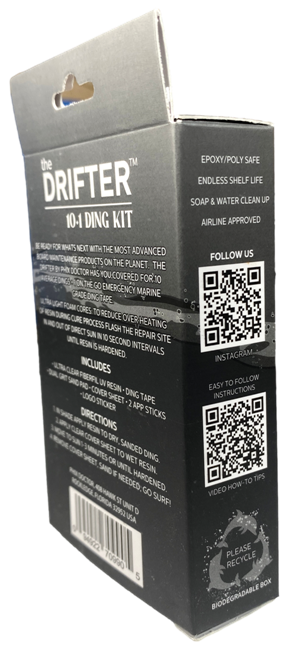 Phix Doctor The Drifter Travel Ding Repair Kit packaging, side and back view