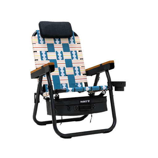 Parkit Eclipse Classic Blue reclining outdoor chair in upright position showing Classic Blue woven pattern and integrated cooler compartment