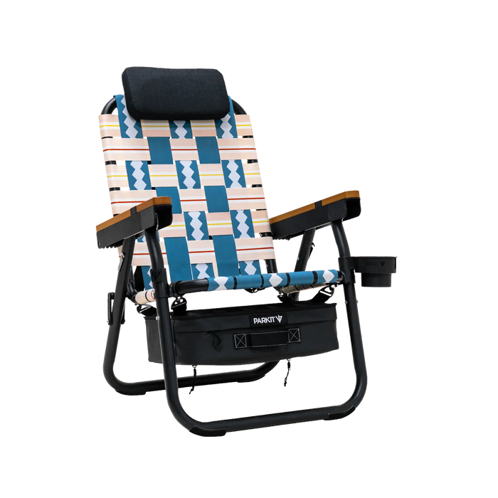 Parkit Eclipse Classic Blue reclining outdoor chair in upright position showing Classic Blue woven pattern and integrated cooler compartment