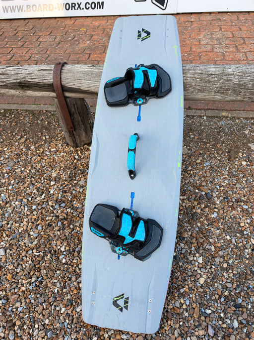 Used Duotone Jaime SLS 2027 142/43 cm kiteboard with Entity 360 bindings and Big Air handle, underside view