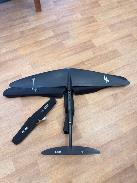 Complete F-One Seven Seas Carbon 1300 foil set assembled: front wing, fuselage and XXS 170 rear wing
