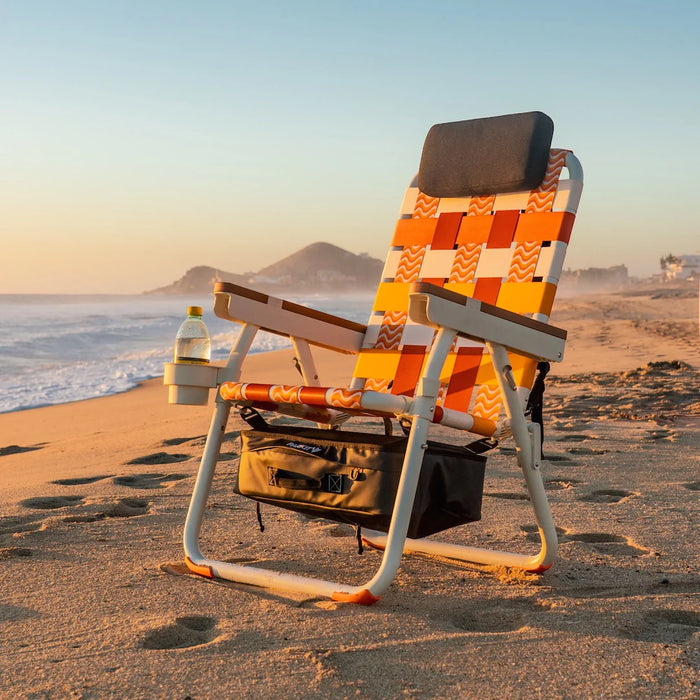 Parkit Eclipse Sunkissed chair detail showing faux teak armrests and aircraft-grade aluminium frame