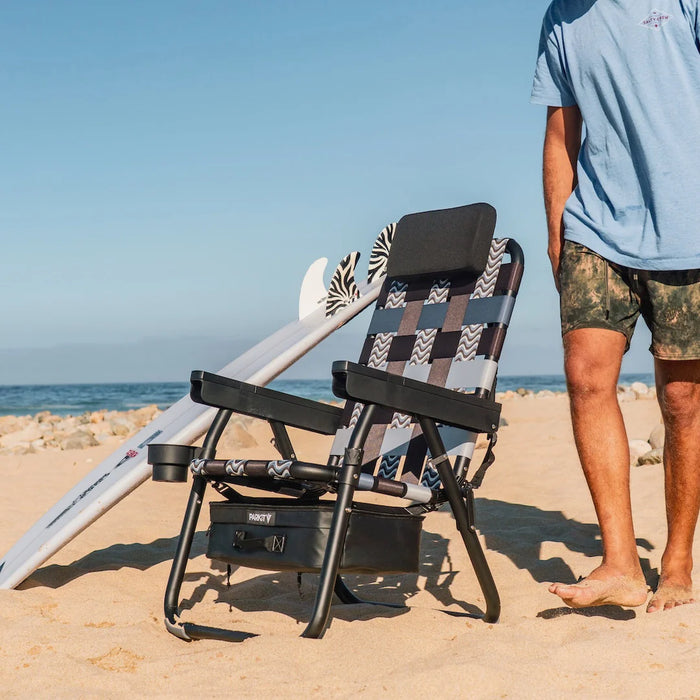 Parkit Eclipse Undertow in Enjoy recline position with faux teak armrests and aircraft-grade aluminium frame visible