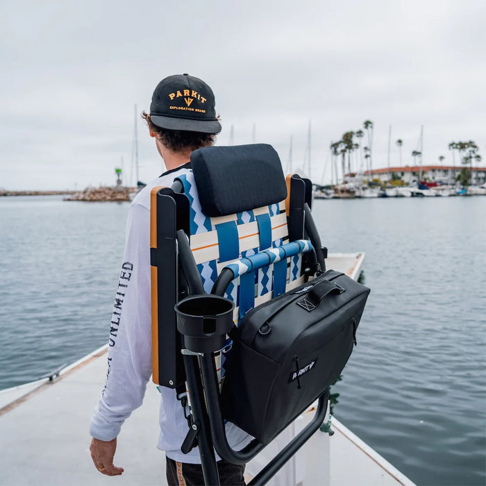 Parkit Eclipse Classic Blue chair showing detachable insulated cooler under seat with exterior pockets