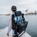 Parkit Eclipse Classic Blue chair showing detachable insulated cooler under seat with exterior pockets