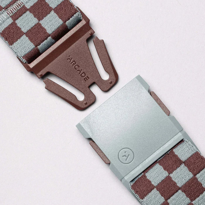 Arcade checkered cloud burgundy belt with metal buckle, close-up on clasp detail