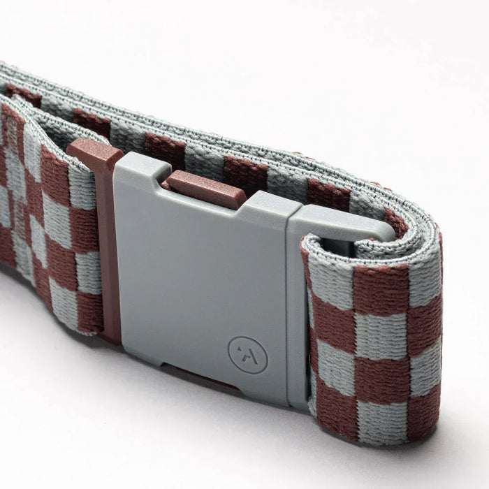 Arcade checkered belt with grey and burgundy pattern and grey buckle, closeup view