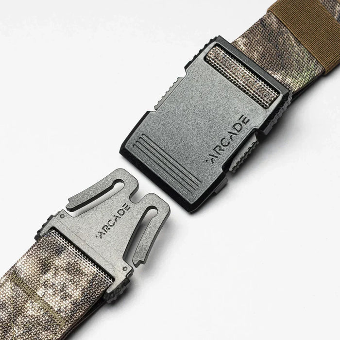 Arcade camo webbing belt with black buckle, Realtree pattern, close-up view