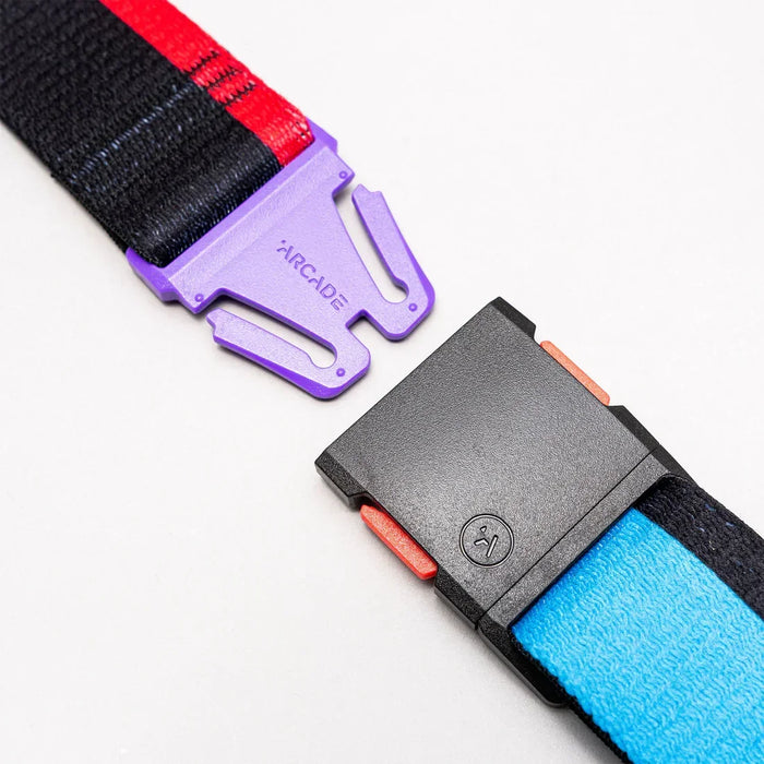 Arcade belt with purple buckle, red and blue strap, close-up on unique buckle design