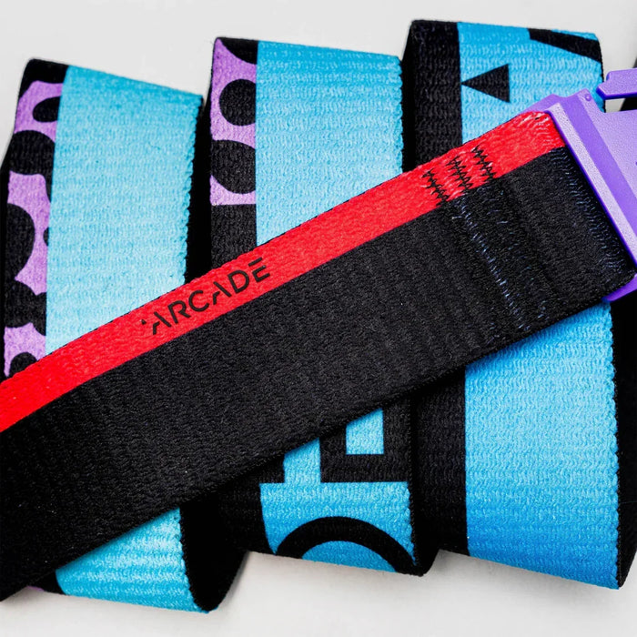 Arcade blue and black belt with acid fade pattern and purple buckle, watersports accessory