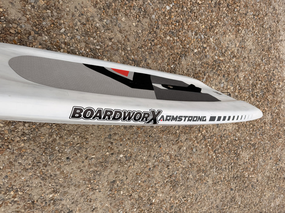 Alternate close-up of Armstrong Board-Worx rail decal on used 132L wing SUP board