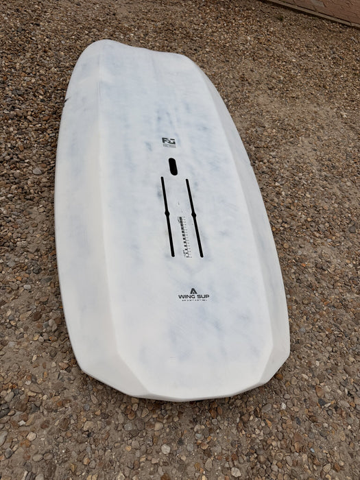 Underside of used Armstrong Wing SUP board 132L showing mast track slots, no repairs or deep scratches