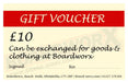 Boardworx £10 gift voucher, cream card with red header, exchangeable for goods and clothing.