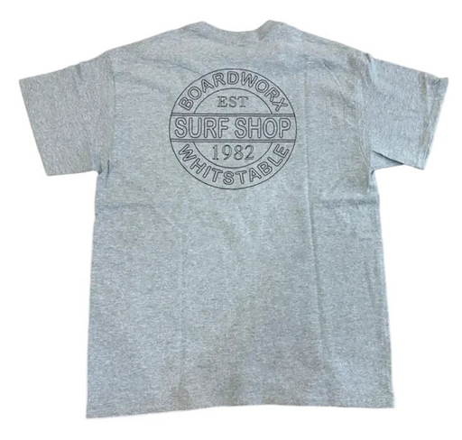 Board-Worx Surf Shop 1982 logo t-shirt in grey, front view