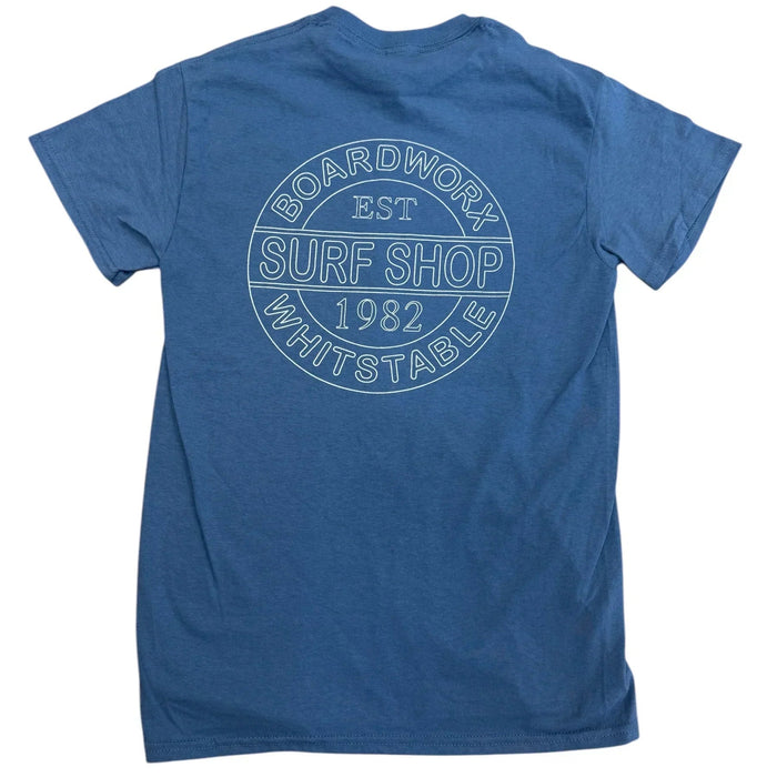 Indigo blue Boardworx surf shop t-shirt with Whitstable logo print on the back