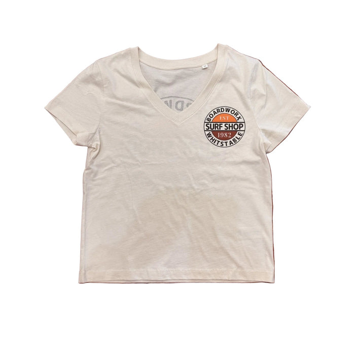 Boardworx Surf Shop women’s organic cotton V-neck T-shirt in Natural Raw, front view