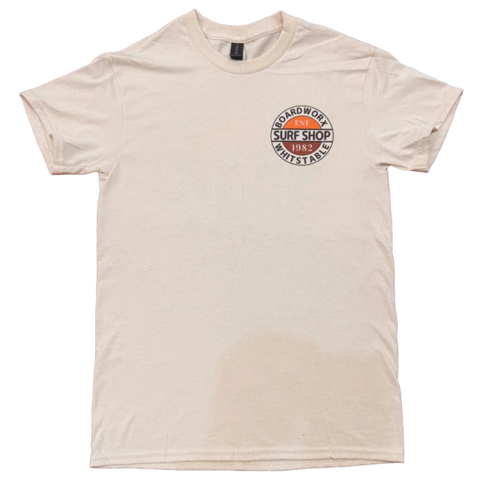 Board-Worx Surf Shop 1982 logo t-shirt in ivory white, flat lay on a wooden table