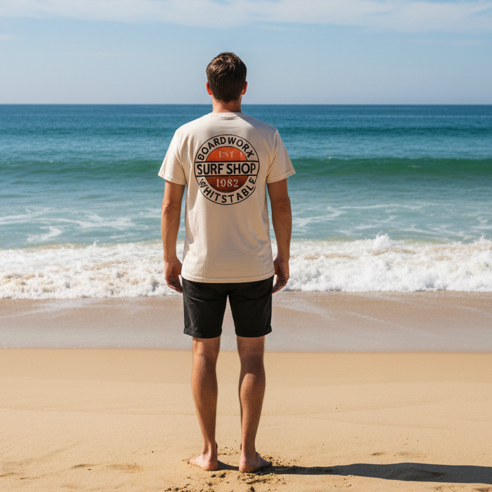 Board-Worx Surf Shop logo t-shirt in ivory white, front