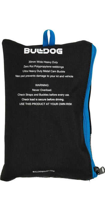 Bulldog tie down roof rack straps in a black and blue zip pouch, visible product branding.