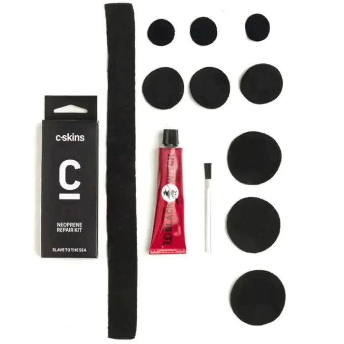 C-Skins Black Witch neoprene wetsuit repair kit with patches, adhesive, and applicator brush