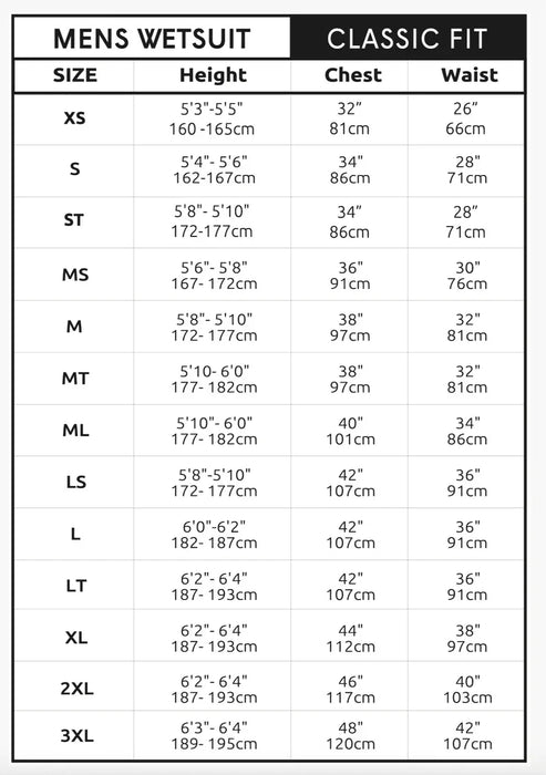 Men's wetsuit classic fit size chart with height, chest, and waist measurements in inches and cm.