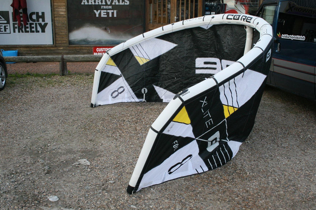 CORE XR Lite 8m hydrofoil kite for light wind kitesurfing, set up outdoors