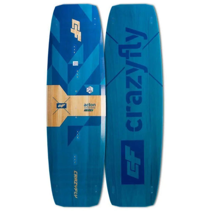 Crazyfly Acton kiteboard with blue and wood design, showing board details and logos
