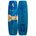 Crazyfly Acton kiteboard with blue and wood design, showing board details and logos
