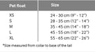 Pet float size chart showing XS to XL with measurements in cm and inches, collar to tail base.