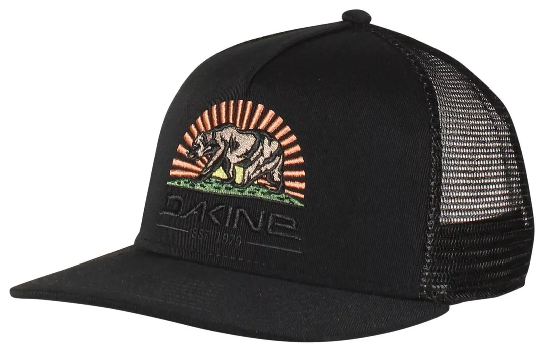 Dakine black trucker cap with mesh back, bear and sunrise embroidery on front