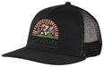 Dakine black trucker cap with mesh back, bear and sunrise embroidery on front
