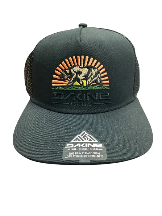 Dakine black trucker cap with mesh back, bear and sunset embroidery, eco-friendly brim