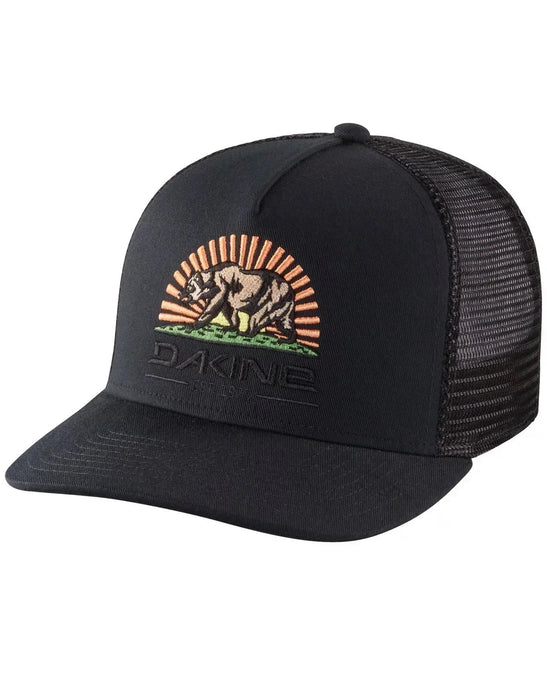 Dakine black trucker cap with mesh back, bear sunrise logo embroidery on front