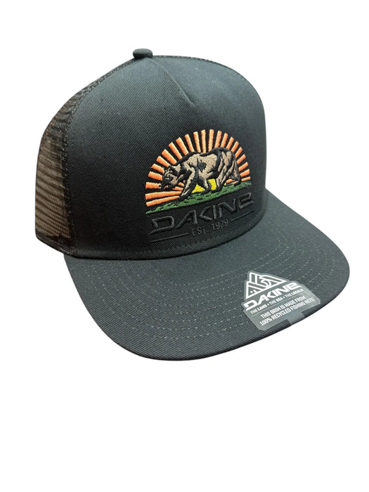 Dakine black trucker hat with mesh back, bear and sunrise embroidered on front