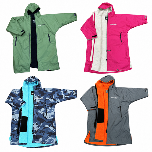 Four Dryrobe Advance long sleeve changing robes in Dark Green Black, Pink Light Grey, Blue Camo Blue and Dark Grey Orange