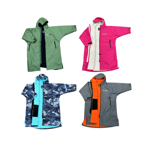 Four Dryrobe Advance Long Sleeve changing robes in Dark Green/Black, Pink/Light Grey, Blue Camo/Blue and Dark Grey/Orange