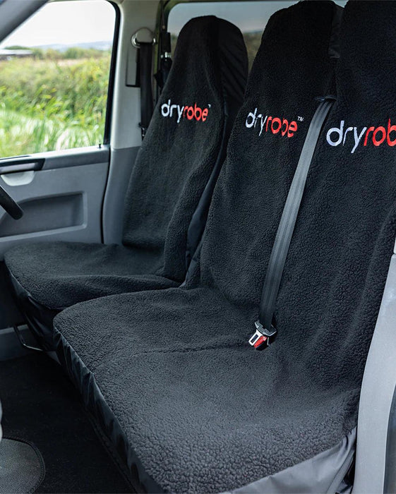dryrobe black double car seat cover with fleece texture installed in vehicle