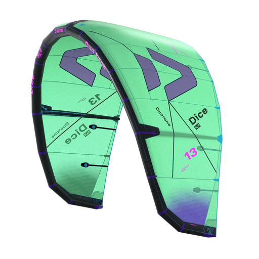 Duotone Dice SLS green and purple kitesurfing kite for freestyle and wave riding