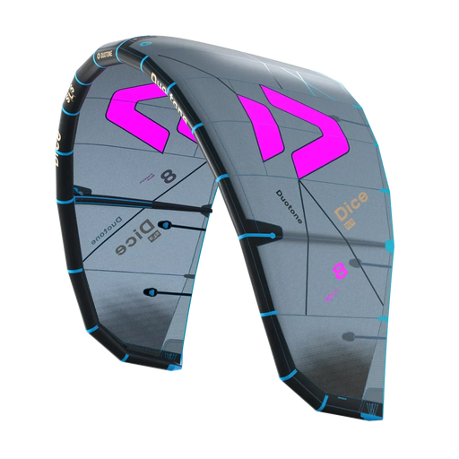 Duotone Dice 8m grey and magenta kite for kitesurfing, freestyle and wave style