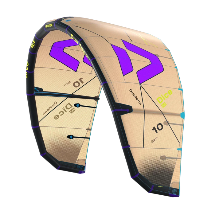 Duotone Dice 10m kite in beige with purple accents, freestyle and wave kitesurfing equipment