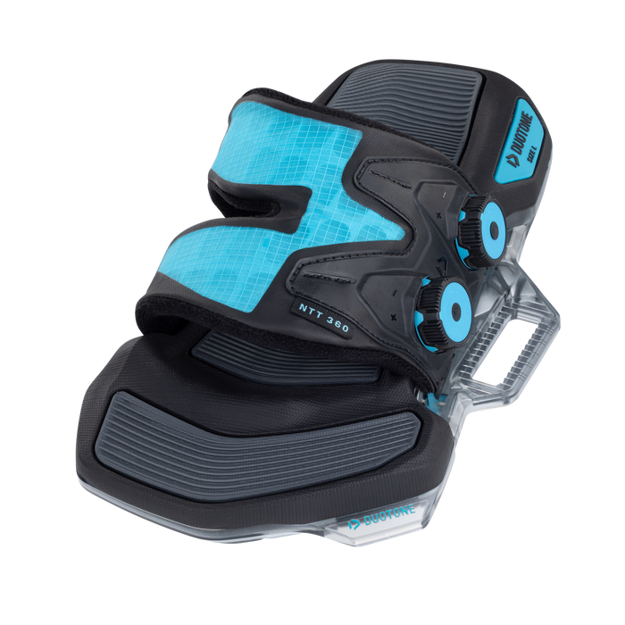 Duotone Entity 360 2027 kiteboard binding in turquoise and grey, front-left view