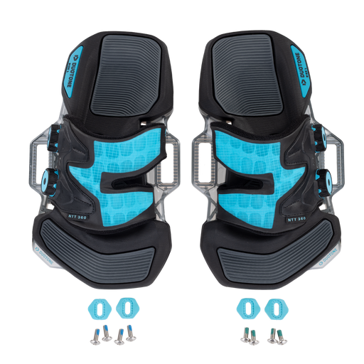 Duotone Entity 360 2027 pads and footstraps in turquoise and grey, pair viewed from above