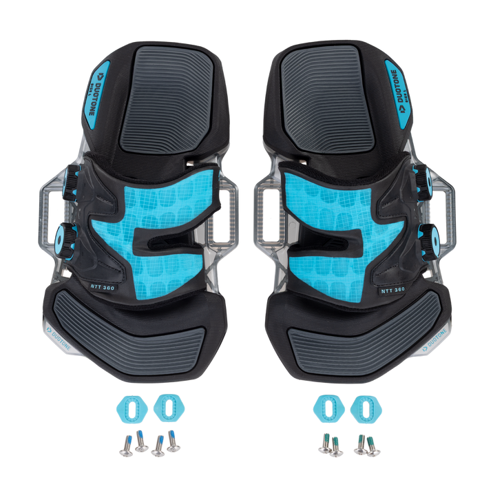 Duotone Entity 360 2027 pads and footstraps in turquoise and grey, pair viewed from above