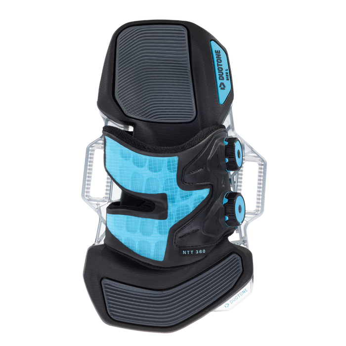 Duotone Entity 360 2027 turquoise and grey kiteboard binding viewed from above