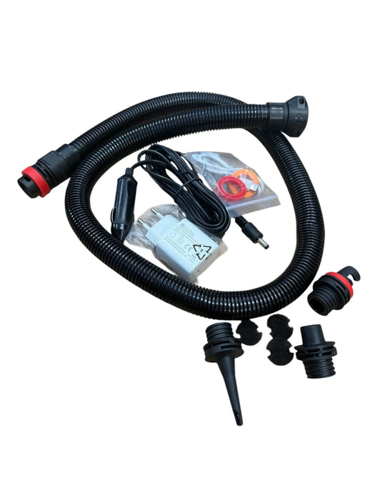 Duotone electric kite and wing pump kit with hose, nozzles, and power adapter, black and red